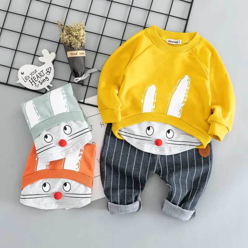 Hao bebek erkek kıyafet seti sonbahar çocuk giyim kazak kore sürümü çocuk karikatür tavşan spor iki parçalı takım elbise
