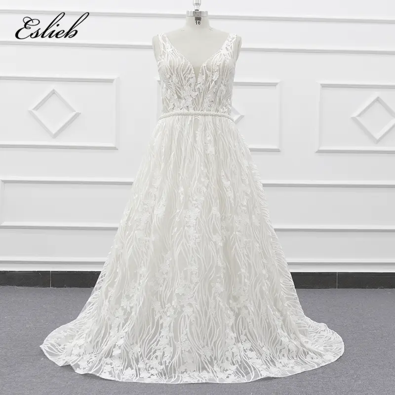 2019 beaded V neck line pearls bridal dress lace special sleeveless a line wedding dress pictures of beautiful wedding gowns