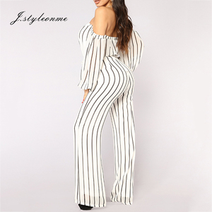 Custom damas Romper <span class=keywords><strong>blanco</strong></span> rayas alta cintura linterna manga Backless sin tirantes con cinturón mujeres <span class=keywords><strong>mono</strong></span> - Product Image 2