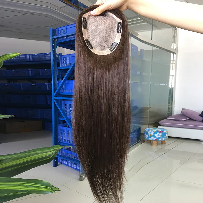 Doğal düz el bağladılar boyutu 14x15cm ipek tabanı ile klip uzatma topper peruk işlenmemiş insan saçı kadın peruk
