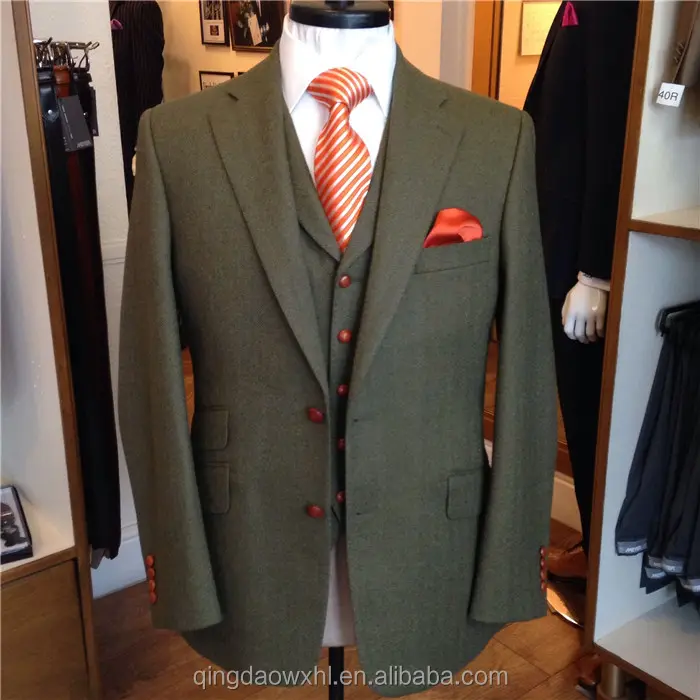 Men's new style notch lapel suit 100% wool green two buttons blazer men fashion new