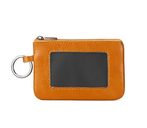 Custom logo small card holder wallet short genuine cow leather women mini zipper coin purse with key ring