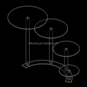 Özelleştirmek siyah şeffaf 3 katmanlı kek standı ayrılabilir yuvarlak demir akrilik kek standı zemin tasarımı akrilik düğün pastası standı