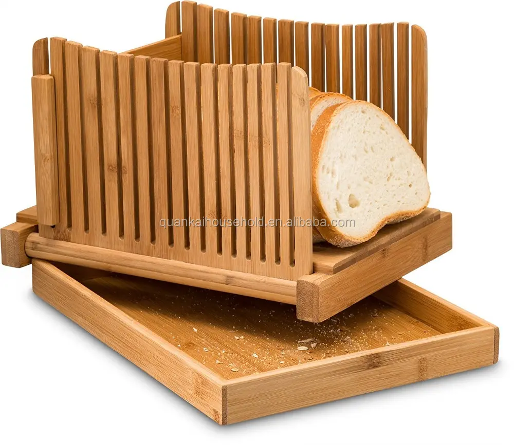 Bambu katlanabilir ekmek dilimleyici manuel ekmek dilimleyici kırıntı Catcher tepsi ile ahşap doğrama blokları ekmek tahtası  bıçak ile