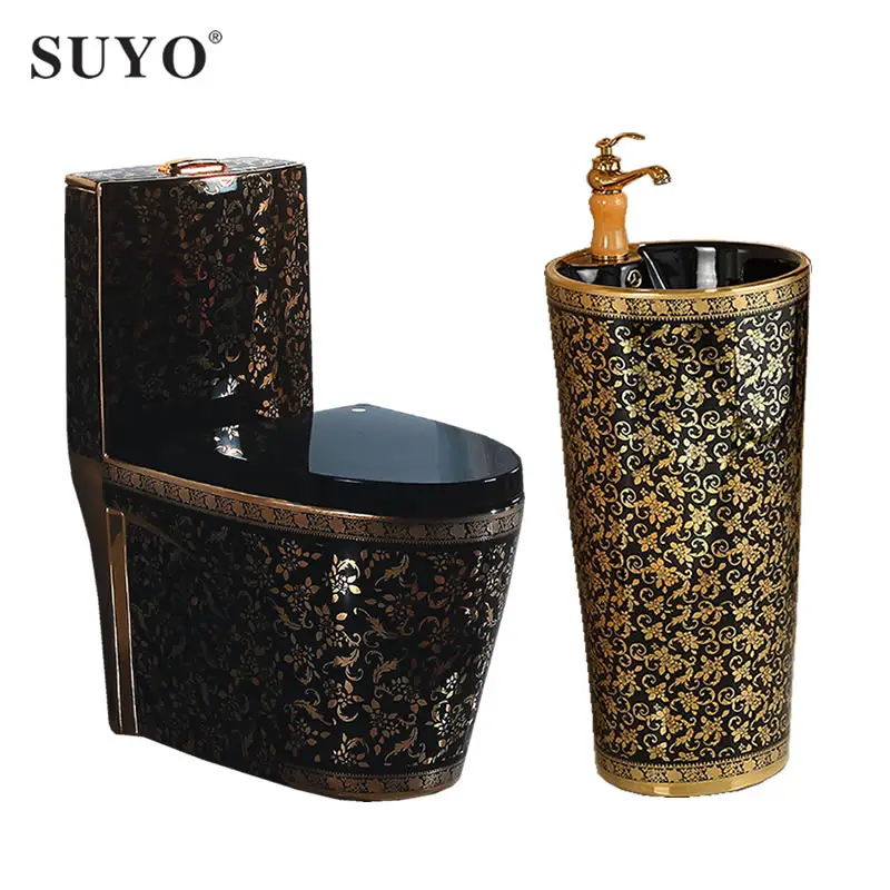 Chino sanitarios habitación de piso de cerámica negro, color dorado baño oro wc aseo con lavabo de pedestal