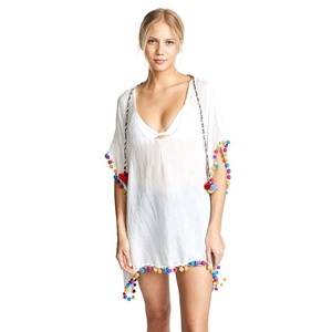 Blusa <span class=keywords><strong>de</strong></span> moda blanca con parte inferior <span class=keywords><strong>de</strong></span> Bikini brasileño elegante al por mayor, blusa informal para mujer con decoración <span class=keywords><strong>de</strong></span> borlas, 1 pieza, teñida lisa - Product Image 5