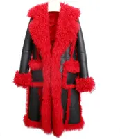 새로운 디자인 숙녀의 진짜 스페인 메리노 진짜 가죽 양가죽 모피 긴 겨울 재킷