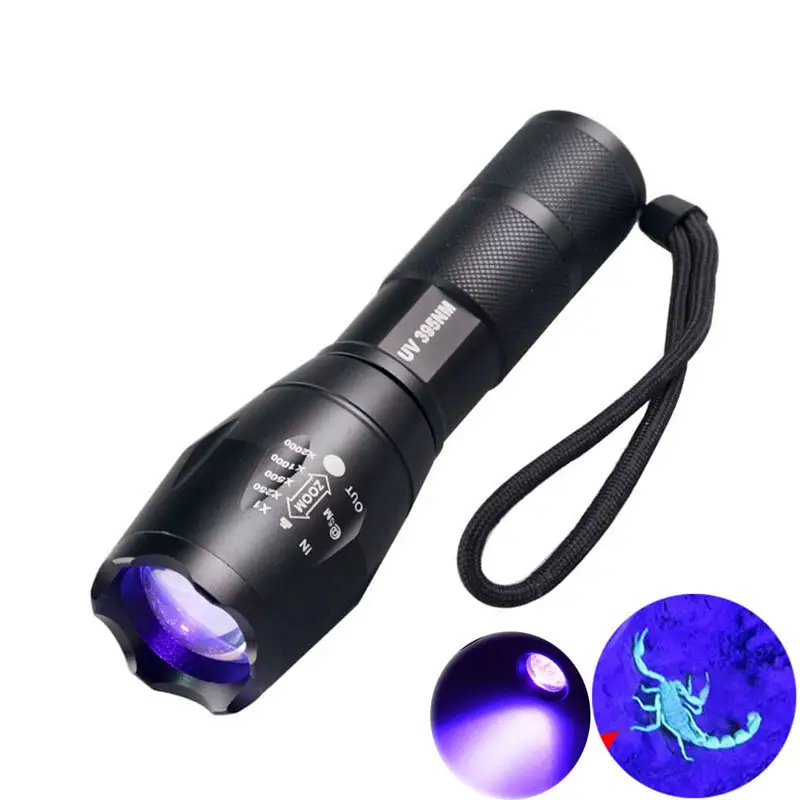 Mejor venta de alta potencia, Ultra violeta linterna Led 365nm 395nm linterna UV para la noche de caza