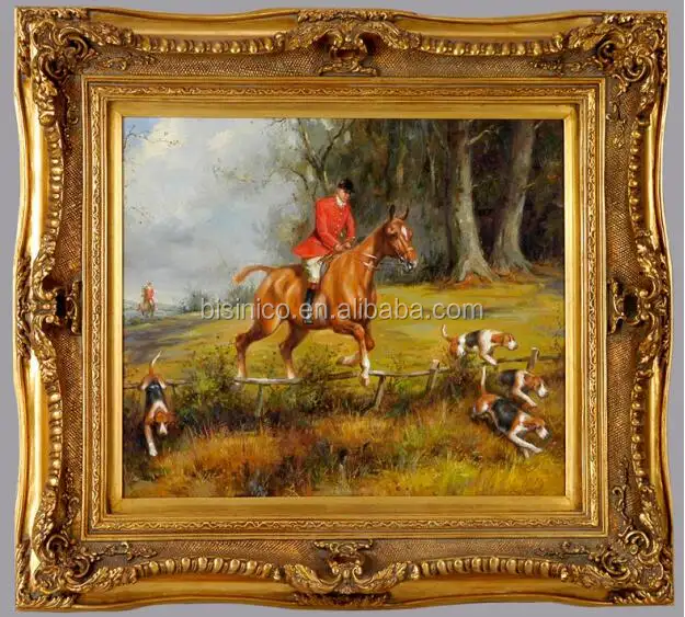 Rococó francês Estilo Antigo Pintura, Emoldurado Em Madeira de Ouro Pintados À Mão Pintura A Óleo Da Paisagem de Equitação Em Horsing, Home Decor