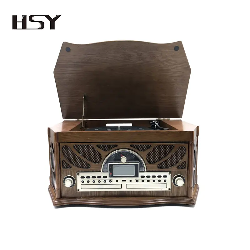 Kayu tua retro Gramophone & Multi Turntable dengan CD dan kaset radio