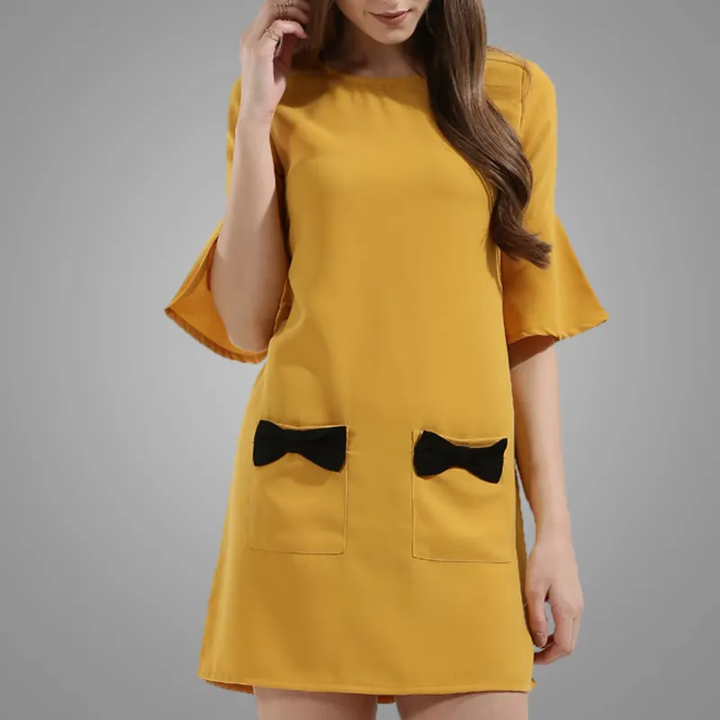 الصيف عادي أصفر برتقالي فستان أنبوب جيب Bowknot اللباس Falbala نصف كم الفساتين الشيفون فساتين