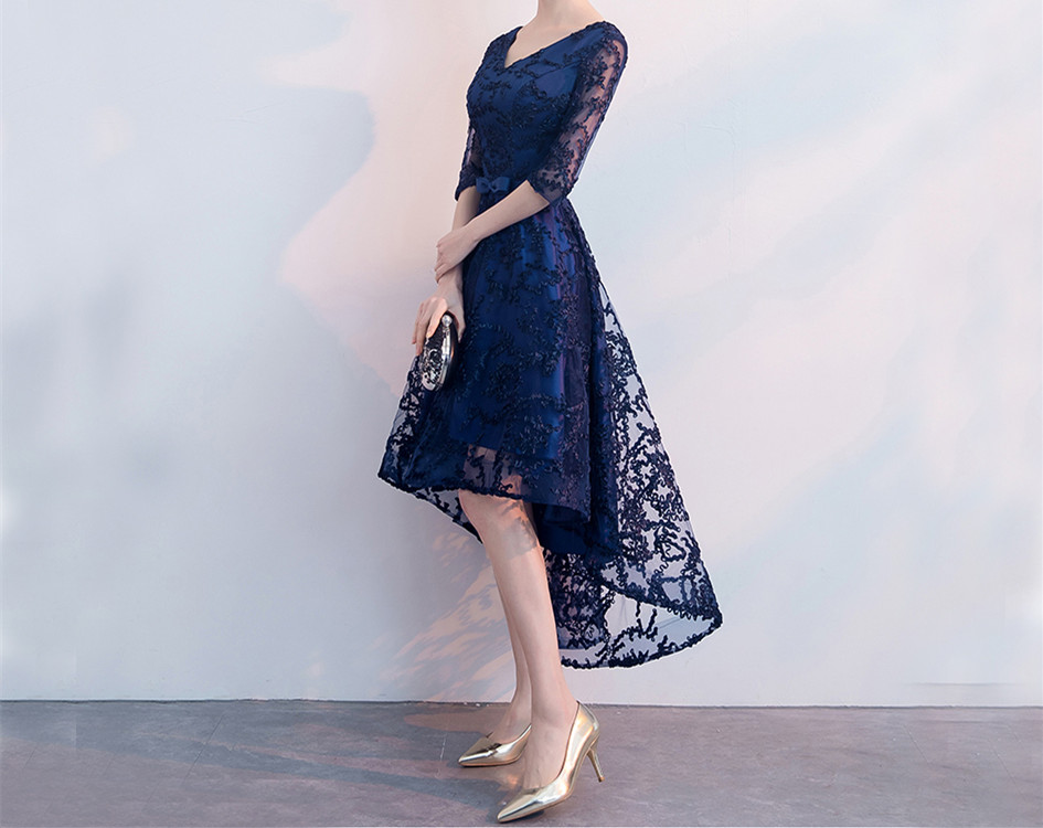 strapless open back dress A line High Low Prom Dress,Dark Navy Homecoming Dress,Sweetheart Taffe