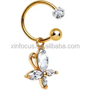 Clear CZ Gold Anodized Butterfly Dangle Belly Ring Xinfocus Body Jewelry