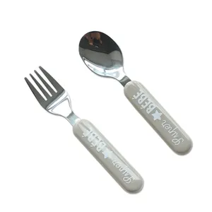 手柄不锈钢勺子和叉子餐具套装经典优质儿童餐具，塑料金属食品级
