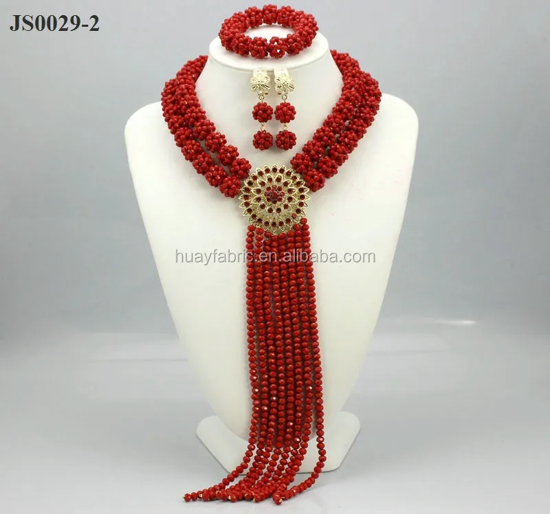 African Wedding Beads Bridal Jewelry Sets Nigerian Necklace African Jewelry Set JS0029-2 Gold Crystal Fabulous Red Women's Round