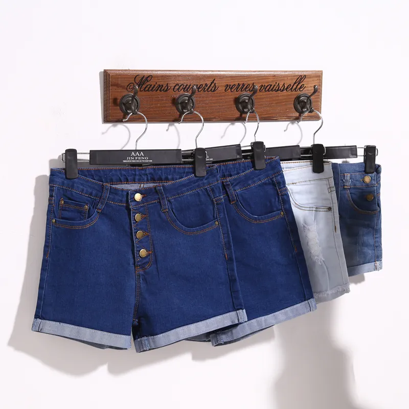 2022 Women 4 Buttons Elastic High Waist Shorts Fashion Feminino Denim Shorts for Women Loose Cuffs Straight Blue Short Jeans