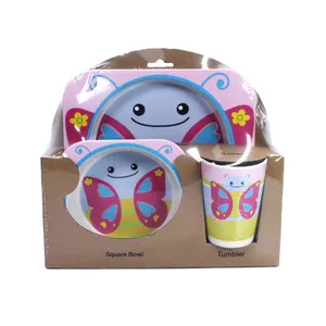 3pcs卡通蝴蝶图案儿童竹纤维餐具盘子碗杯方形婴儿儿童晚餐套装