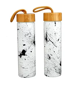 BPA FREE 500ml custom logo china ink water-transfer print single wall tea infuser glass bottle with bamboo lid