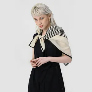 High Quality Digital Print Women Silk Scarf Square 100% Pure Silk White and Black Stripe Scarf Shawl