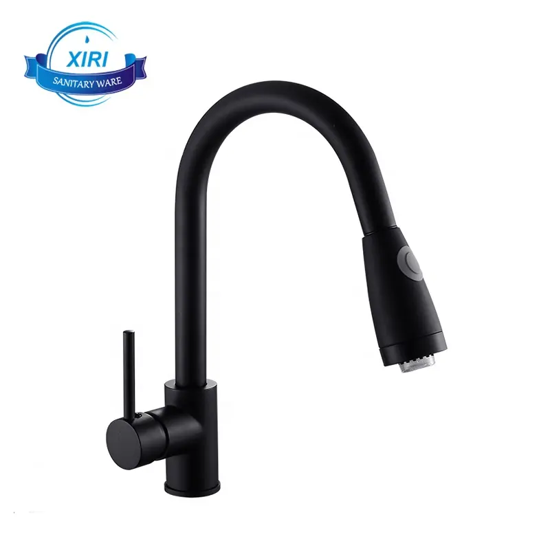 Pull Out Brass Black LED Kitchen Faucet With Single Handle 360 Degree Swivel Hot and Cold Water Mixer Taps Faucet XiRi-8857