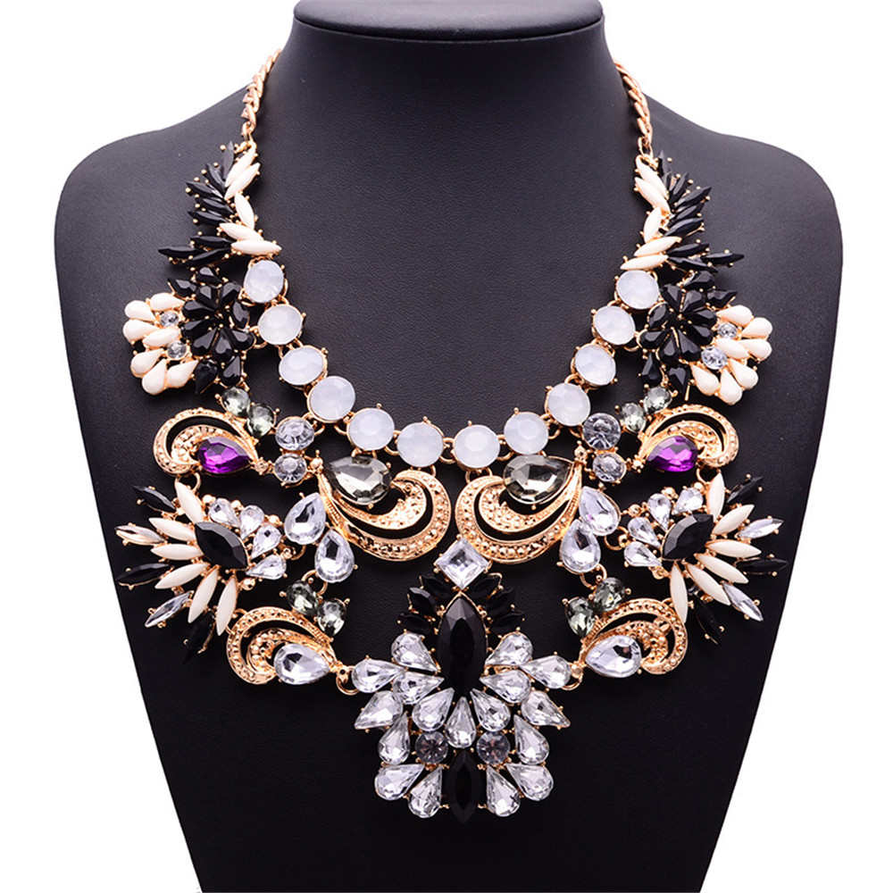 Husuru Jewelry Teardrop Crystal Charm Bohemian Chunky Choker Statement Blank Chain Bib Necklaces For Women