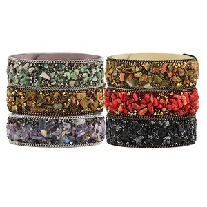 Unisex cuff leather bracelet with semi-precious stone and rhinestone charm, ladies trendy jewelry bangle snap on bracelet