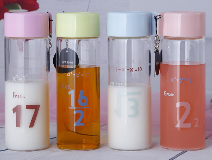 400ML custom printed borosilicate glass water bottle with plastic lid