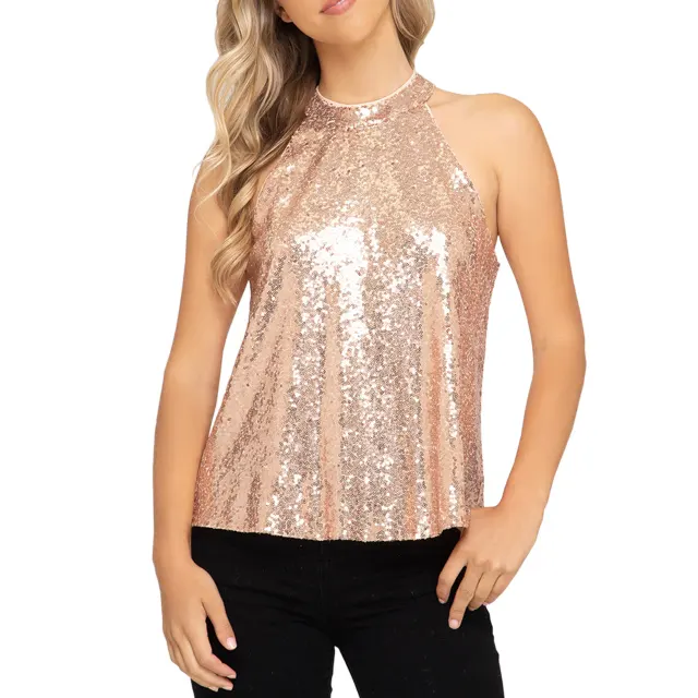 Tùy Chỉnh Ladies Fancy Bright Halter Cổ Sequin Tops