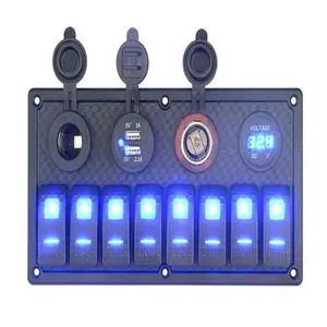 Painel de controle do interruptor de balanço com led, disjuntor azul de 8 gang, on-off (on), torno (on), travamento abs + borracha + painel de metal YJ-SP-009