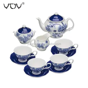 Set da Caffè e Tè in Porcellana Bone China Pakistana, 17 Pezzi, Bianco e Blu - Product Image 1
