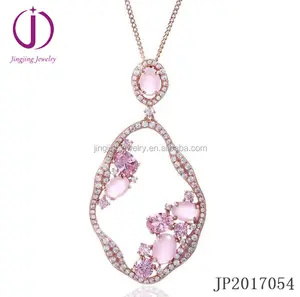 Thời Trang Thiết Kế Mới Hồng Rose Quartz Stone Sterling Silver 925 Trang Sức Mặt Dây Chuyền