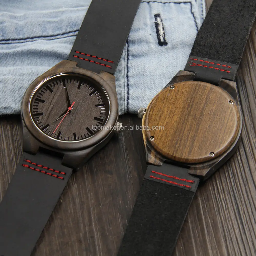 Black Genuine Leather Strap Wood Watch For Men Quartz Wristwatch 2020 Drop Shipping