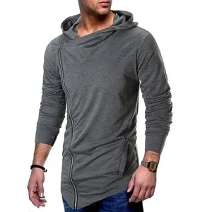Custom mode mannen asymmetrische hoodie side zip lange staart hoodie met slant zipper cover
