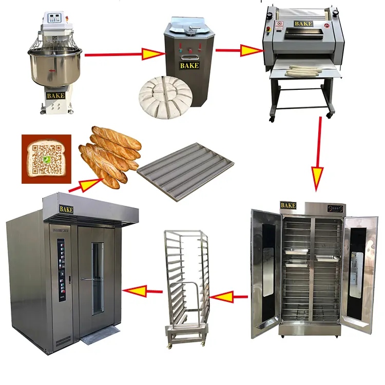 Máquinas de padaria forros elétricos, pão francês, máquinas de cozimento, linha de produção de baguetes congelados
