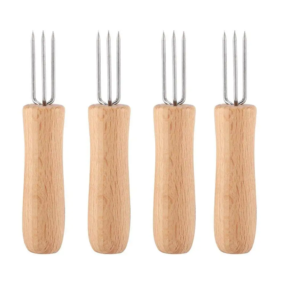 Lot de 4 fourchettes à fruits et viande en acier inoxydable avec manche en bois, support en épi de maïs pour la cuisine à domicile