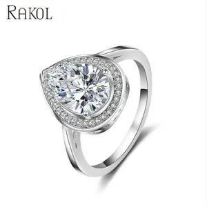 RAKOL RP141 Unique Silver Plating Water Drop Shape Ring Large Cubic Zirconia Teardrop Ring