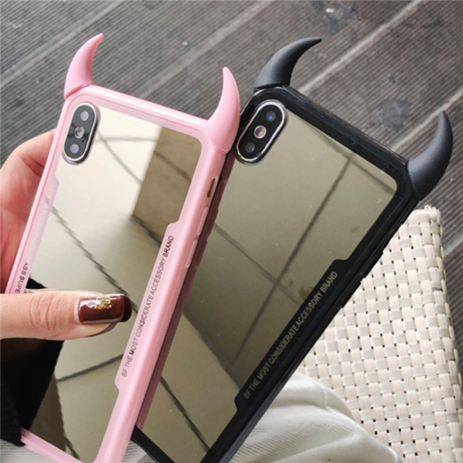 Luxury Cute 3D Hard Acrylic Cow Horn Mirror Phone Case for iPhone
