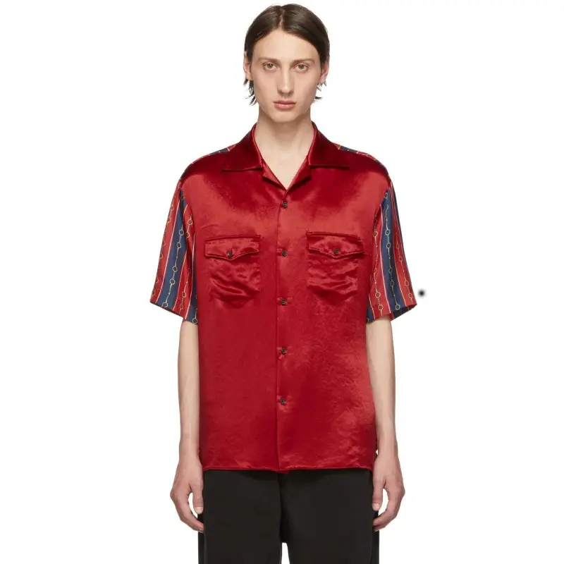 OEM Men Fashion Design Navy Short Sleeve satin acetate red bowling stripe Shirt