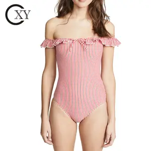 Customize Women Pretty Striped Frill Off Shoulder One Piece Swimsuit