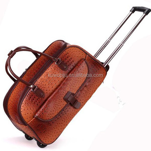 Brown Leather Hand <strong>Luggage</strong> <strong>Holdall</strong> Wheeled Trolley Weekend Bag - Product Image 4