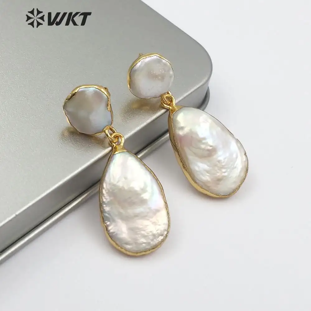 WT-E489 White Pearl Jewelry With Gold Electroplated Bridal Pearl In Teardrop Shape Natural Freshwater Pearl Earring Drop Earring
