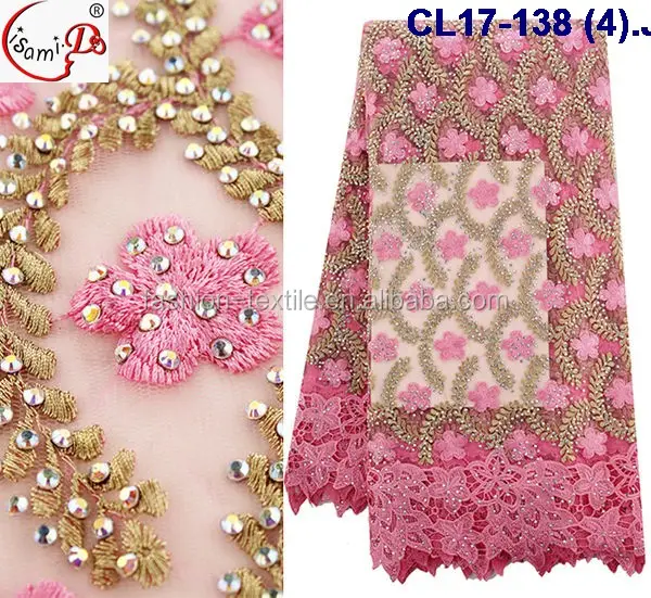 2020 Luxury Pink African Embroidery Lace Fabrics Wholesale Tulle French Lace Fabric With Many Rhinestones CL17-138
