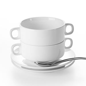 Tazón de Sopa Apilable de Porcelana Blanca de 270 ml con Asa y Platillo, Tazón de Cerámica Japonés, Tazón de Sopa con Tapa de Cerámica - Product Image 1