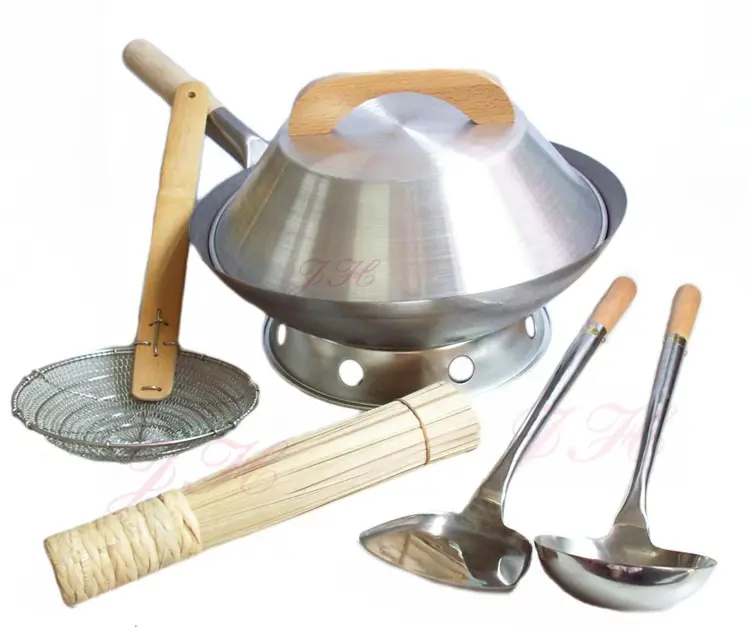 Peralatan Masak Set Harga Terbaik Pegangan Kayu Dapur Buatan Tangan Baja Karbon Wajan