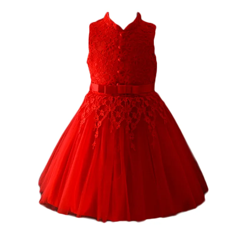 赤い花アップリケバック蝶ネクタイ女の子パーティードレス小さな女の子ドレススーツボールガウンドレスデザインで4年間