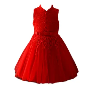 Rouge fleur appliques dos noeud papillon fille parti robe petites filles robe costumes depuis 4 ans avec robe de bal conception