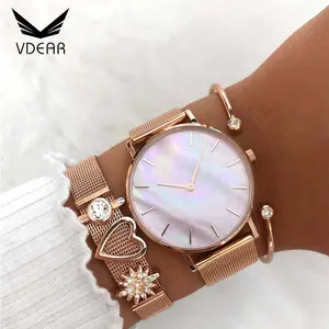 2019 Colorful pink pearl watches chinese lady custom watch face with mesh