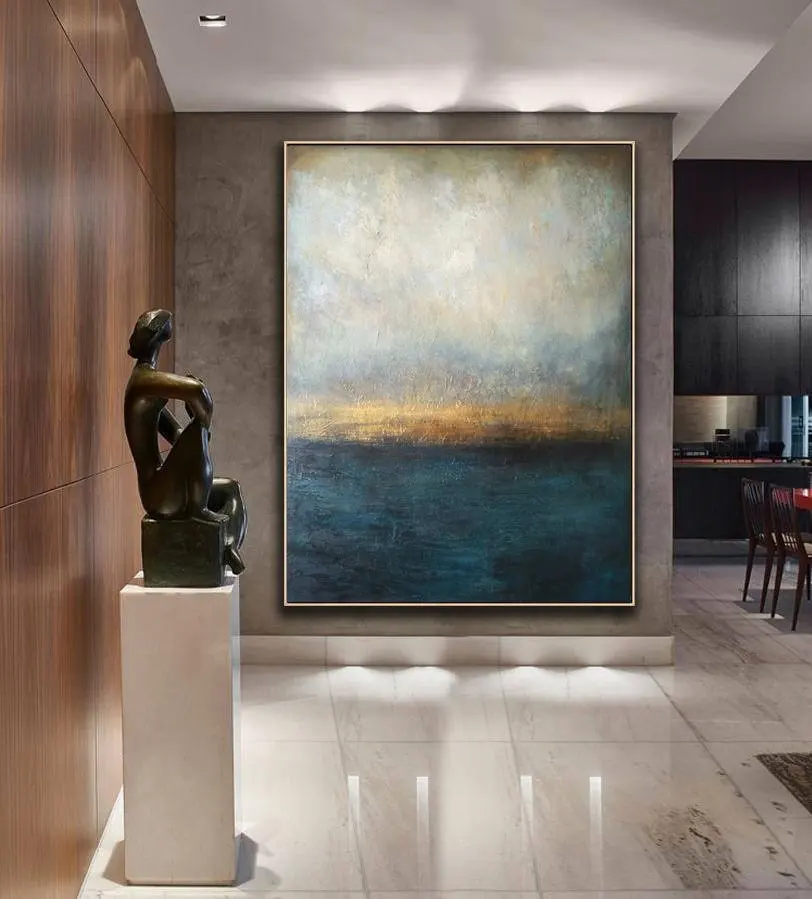 big size picture blue sea scenery with golden foil framed handmade 3D wall art Oil Painting