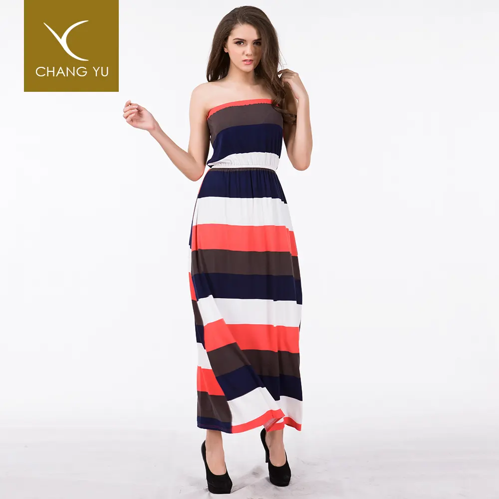 المرأة لطيف تصميم فستان بلا أكمام الصيف موضة جديدة للمرأة الملابس مخطط ماكسي اللباس