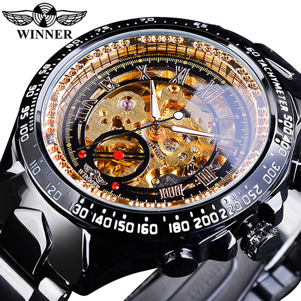Winner Luxury Mens Gold Silver Skeleton Mechanical Watches Casual Mesh Band Hand-Wind Wristwatch Montre Homme